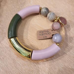 bracelet perles et porcelaine rose et kaki